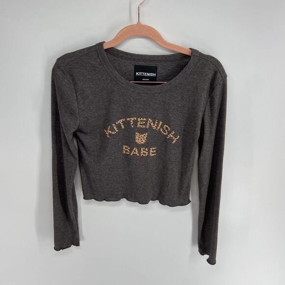 Kittenish Tops - Kittenish Babe Cat Print Graphic Gray Long Sleeve Crop top womens medium